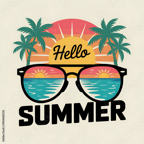 Vibrant summer graphic with sunglasses and palm trees on a sunny beach
