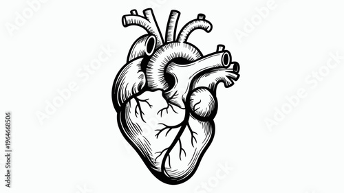 Anatomical illustration of a human heart detailed sketch with visible chambers and vessels