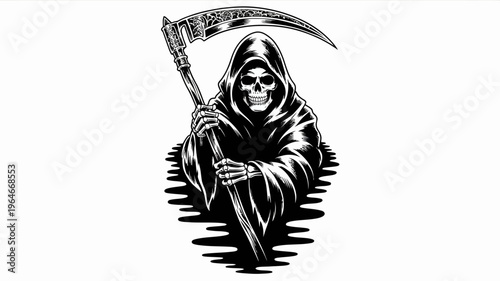 Grim reaper illustration a hooded skeleton wielding a traditional scythe