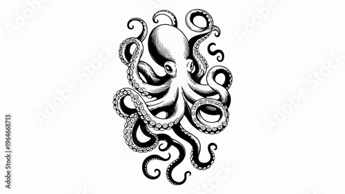 A detailed black and white illustration of an octopus with swirling tentacles