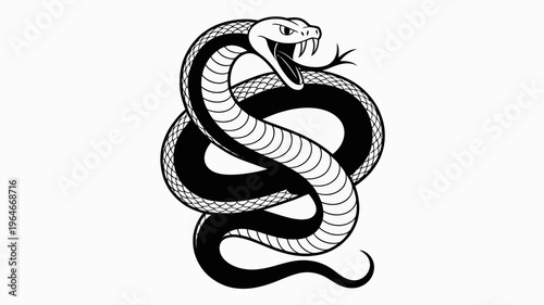 Detailed black and white illustration of a coiled and striking cobra snake
