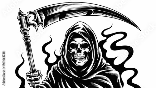 Grim reaper illustration with scythe and hooded figure dark and ominous imagery