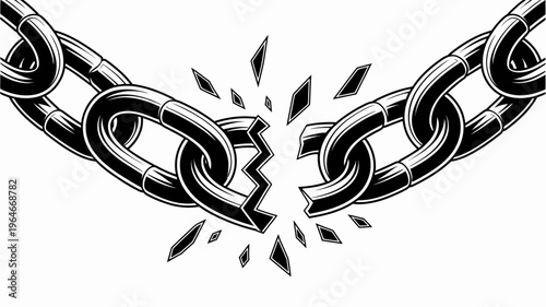 A broken metal chain with shattering links symbolizing freedom and release