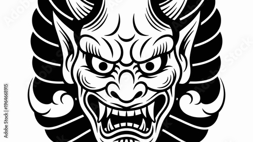 A striking black and white illustration of a fierce demon mask with sharp teeth