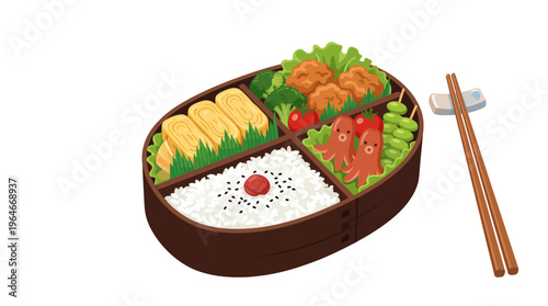 flat vector illustration of a traditional japanese bento lunch box with healthy food
