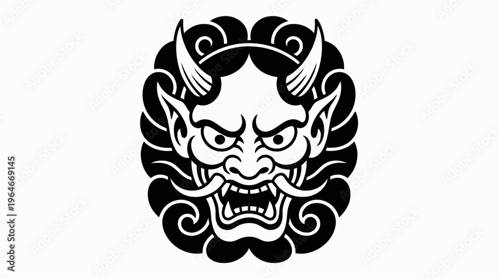 Fototapeta premium Intricate black and white illustration of a traditional japanese oni mask design