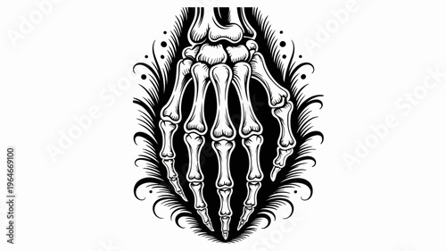 A striking black and white illustration of a skeletal hand with tribal designs