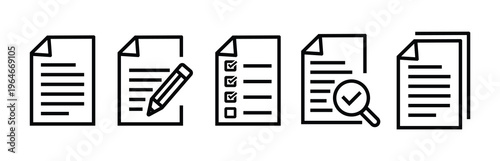 Minimal line style document and file icon set including edit, checklist, search, and document symbols and clean professional vector illustration. eps 10