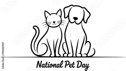 National Pet Day line art illustration with cat and dog outline animals love care companionship concept april celebration minimal modern vector design