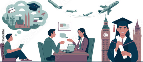 Graduation, education, business, travel, global career, study abroad, learning, professional development vector