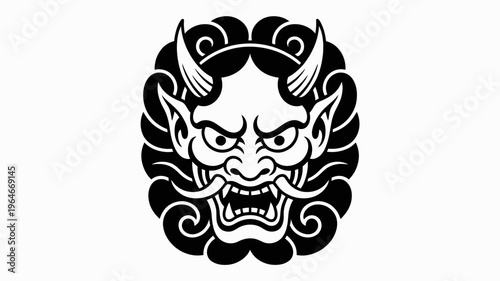 Intricate black and white illustration of a traditional japanese oni mask design
