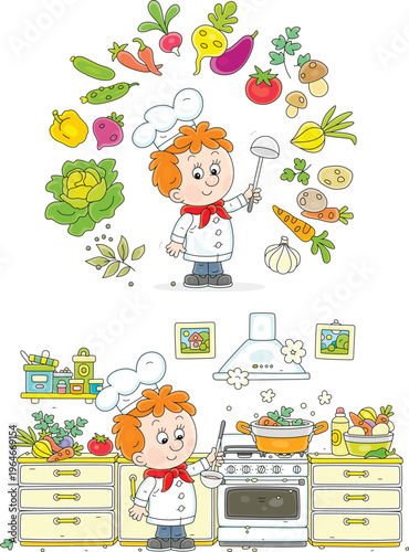 Little boy with his ladle making an original tasty soup in a pan on a home kitchener with fresh vegetables and spices in a cozy kitchen, a set of vector cartoon illustrations on white
