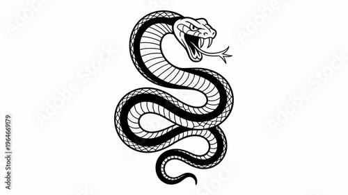 A detailed black and white illustration of a coiled snake with an open mouth