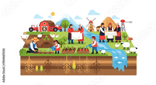 Vibrant Illustration of Traditional Agriculture, Community Farming, and Sustainable Rural Lifestyle with Crops and Livestock