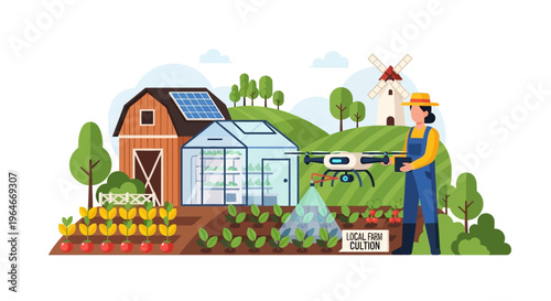 Modern Smart Farm with Drone and Sustainable Technologies: Precision Agriculture, Solar Panels & Greenhouse for Efficient Food Production