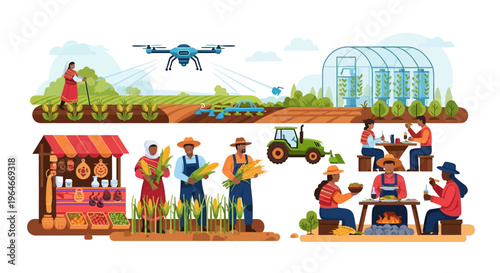 Sustainable Agriculture: From Smart Farming & Drone Tech to Local Harvest Markets & Farm-to-Table Community Meals.