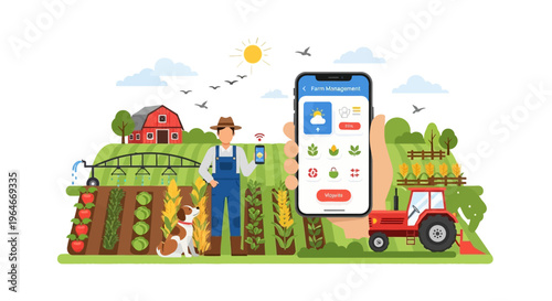 Smart Farming with Mobile App: Farmer Managing Digital Agriculture, Modern Farm Technology & Automation