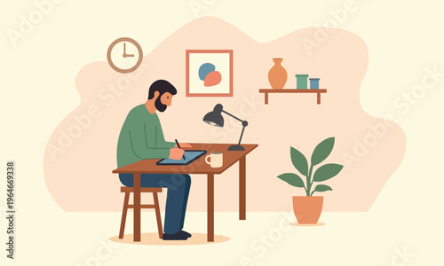 Digital artist working on tablet at desk – creative process, flat vector illustration