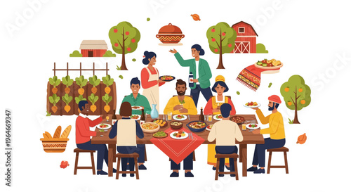Diverse Group Enjoying a Farm-to-Table Harvest Feast. Friends & Family Sharing a Community Meal in a Rustic Setting.