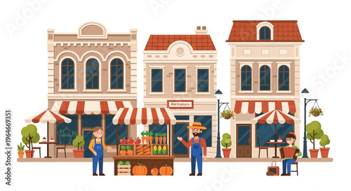 Charming Small Town Street with Farmer's Market, Local Agriculture Store, Outdoor Cafe, and Street Musician Flat Illustration