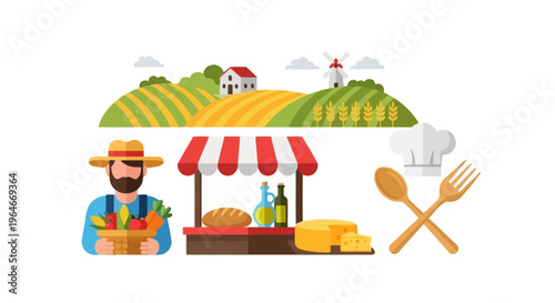 Farm to Table Journey: Farmer, Fresh Produce Market, & Culinary Delights. An Agriculture & Food Production Concept Illustration.