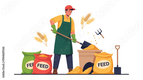 Farmer with Feed: An industrious farmer diligently tending to the harvest, surrounded by sacks of feed and grains, symbolizing hard work and nourishment in the agricultural sphere.