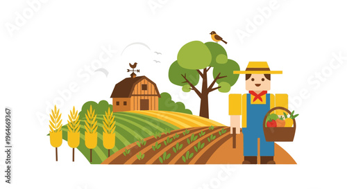 Happy Farmer with Harvest Basket in Organic Farm Field Illustration - Flat Design Agricultural Landscape with Barn and Wheat