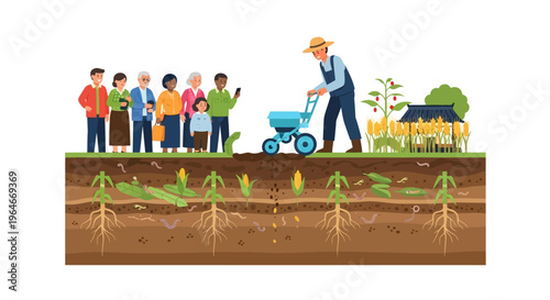 Sustainable Agriculture Illustration: Farmer Fertilizing Soil, Diverse Crops, Healthy Ecosystem with Roots, Earthworms & Observing Community