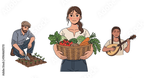 Sustainable Rural Life Illustration: Farmer Planting, Woman with Fresh Vegetable Harvest Basket, and Girl Playing Music