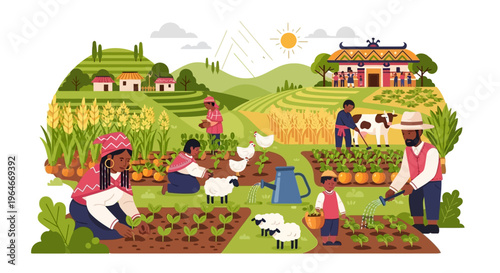 Sustainable Agriculture Community: Diverse Farmers & Children Nurturing Crops and Livestock on a Vibrant Rural Farm with Traditional Village Scene Illustration