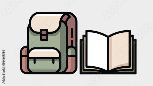 Minimalist school backpack and open book vector illustration, flat line art student rucksack with textbook, back to school education concept