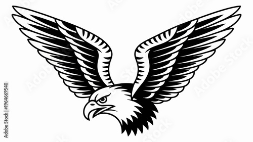 Detailed illustration of an eagle s head and outstretched wings in black and white