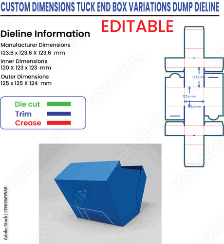 Custom Tuck End Box Dieline Information and 3D Model with Dimensions.
