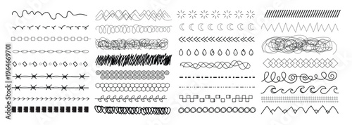 A collection of hand-drawn vector dividers and borders, featuring various styles like waves, zig-zags, loops, flourishes, and scribbles in black ink on a white background.