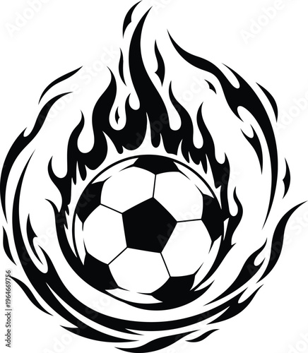 Black and white soccer ball engulfed in flames isolated on transparent background