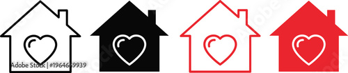 House and Heart Vector Icon Set Representing Home Love Charity Real Estate Family Happiness Shelter and Property with Romantic Feelings
