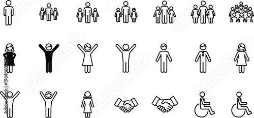 People and Family Vector Icon Set Featuring Diverse Human Figures Disability Inclusion Handshakes Success Gestures and Community Symbols for Graphic Design