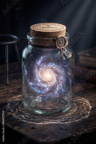 Small galaxy inside glass jar on wooden table with light shining
