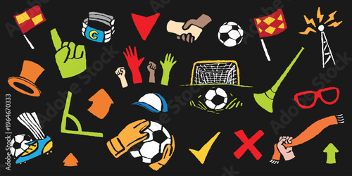 Creative collection of soccer themed sketch icons for digital interfaces and print. Use these colorful hand-drawn elements for match statistics, sport apps, and football fan merchandise designs.