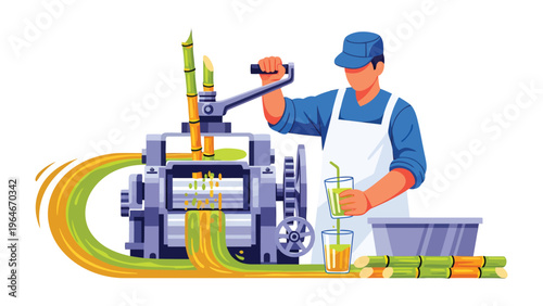 Sugarcane Juice Production: An illustration showcasing the artisanal process of sugarcane juice production, from the pressing of stalks to the serving of fresh juice. 