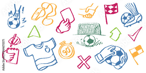 Decorative football icons for tournament branding, event posters, and fan merchandise design. Whimsical hand-drawn soccer graphics to enhance sports marketing and creative promotional assets.