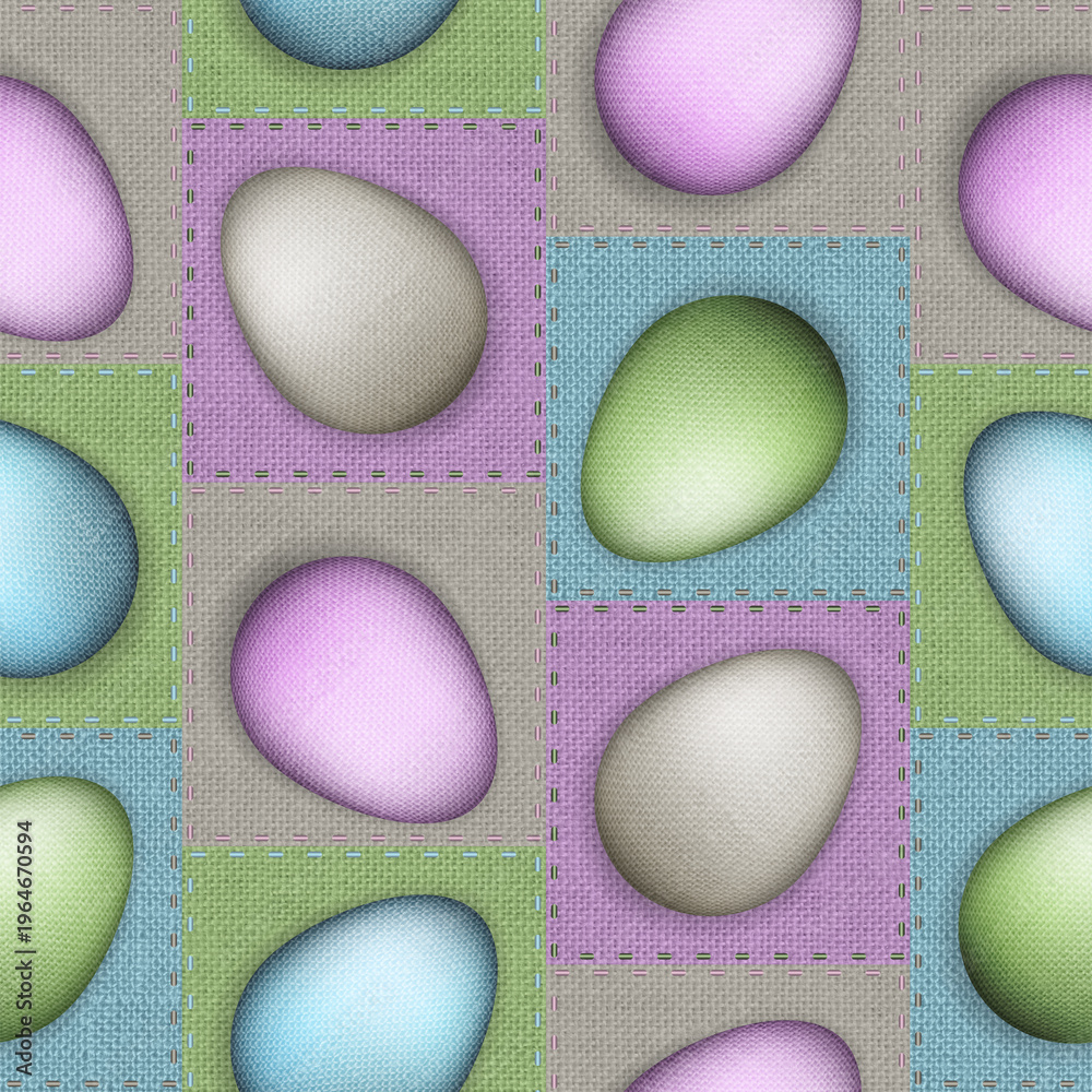 Fototapeta premium Seamless patchwork pattern of 3D Easter eggs on linen fabric background. Textile repeatable background with burlap and cotton textures.