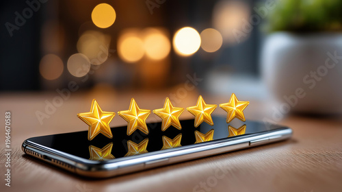 Satisfaction reviews and five-star customer ratings on a smartphone, real user feedback and digital review system concept, defocused background, with copy space