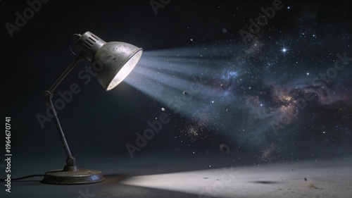 Light shines from a desk lamp into a dark space revealing stars, planets, and galaxies in an imaginative scene