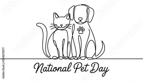 National Pet Day line art illustration with cat and dog minimal outline animals love care companionship concept april celebration modern vector design