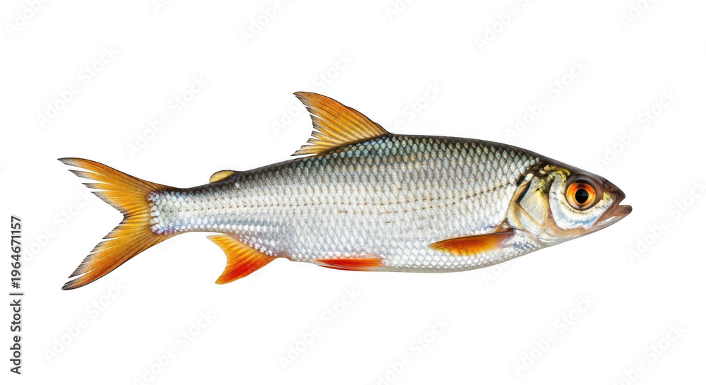 Fototapeta premium A colorful redfish swimming in clear blue ocean waters isolated on white background