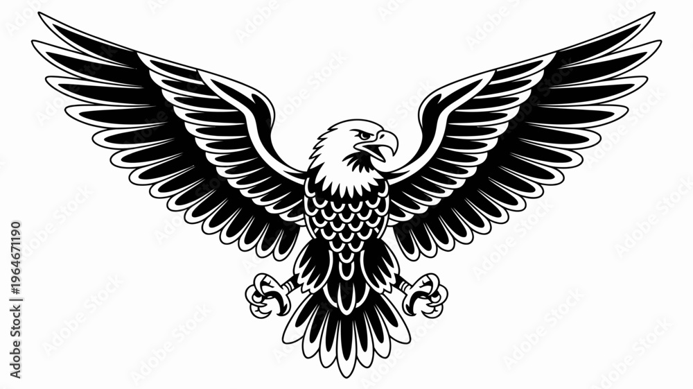 Fototapeta premium A majestic bald eagle with wings spread detailed black and white illustration