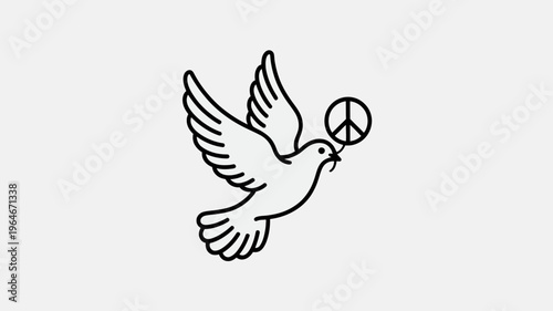 A simple line drawing of a dove carrying a peace symbol in its beak