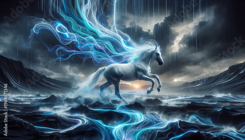 white horse with long mane run in beach dust