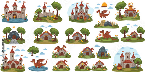 Collection of whimsical miniature fantasy castles and houses with trees and characters on grassy bases in various scenes